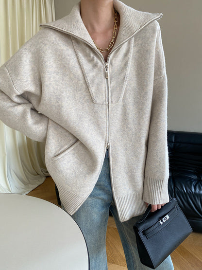 Damen Strickjacke Lässig Hochkragen Seitentaschen Eveloria