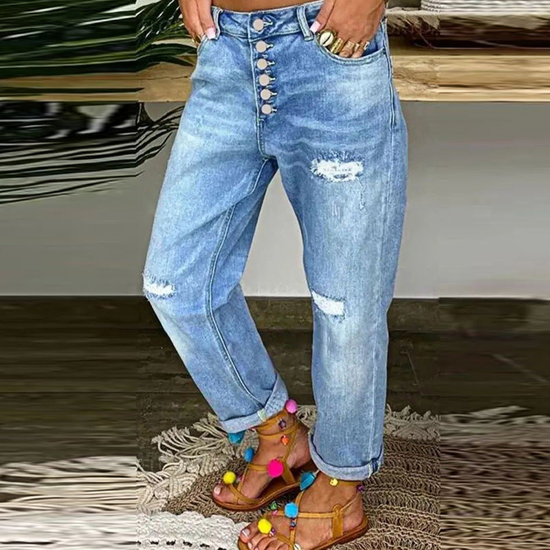 Damen Relaxed Fit Jeans Hochknöpfe Distressed Denim Blau Eveloria - Eveloria