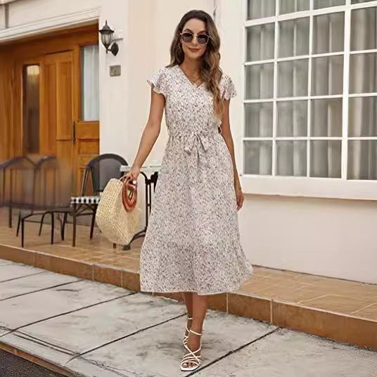 Damen Midi-Kleid Floralmuster Taillengürtel
