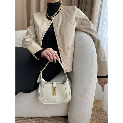 Damen Lederjacke Modern Dekorative Taschen Eleganter Schnitt
