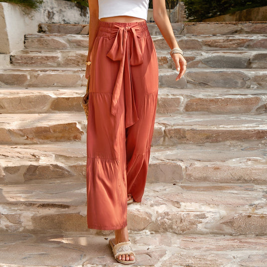 Damen Hose Hochbund Bindegürtel Weites Bein Sommerhose - Eveloria
