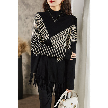 Damen Strickpullover Geometrisches Muster Fransen