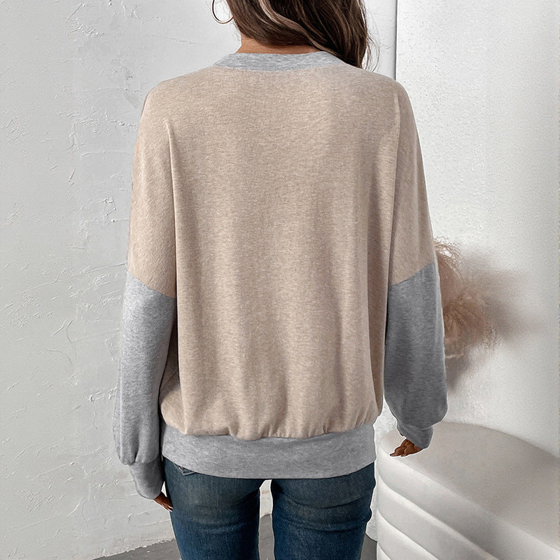 Damen Langarm-Pullover V-Ausschnitt Kontrastärmel Grau