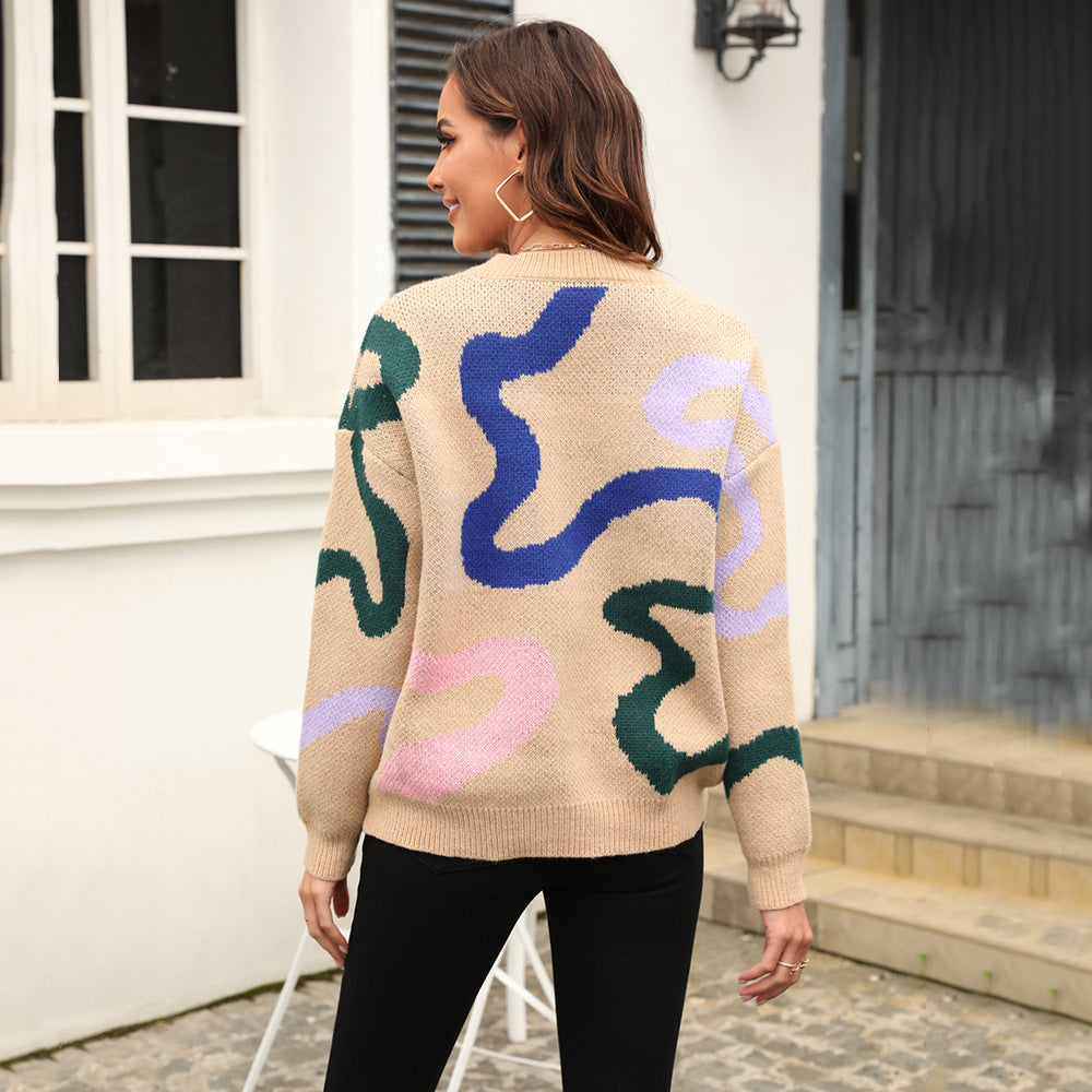 Damen Strickpullover Weiches Material Abstrakte Muster Eveloria