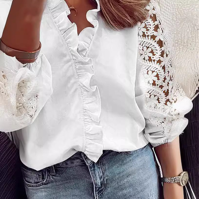 Damen Bluse Rüschendetails Spitzenärmel Eveloria