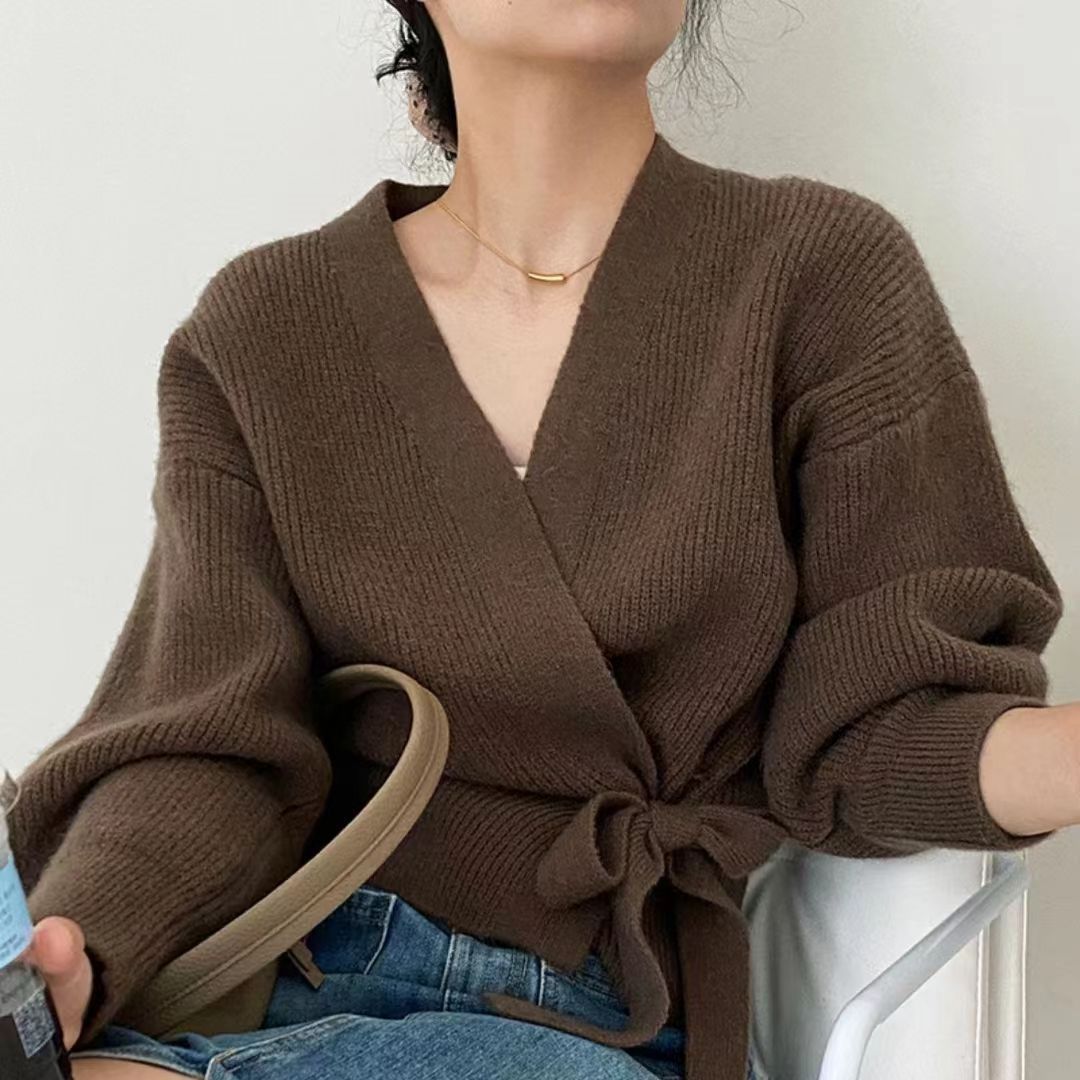 Damen Wickelpullover V-Ausschnitt Taillenzug Eveloria