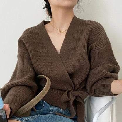 Damen Wickelpullover V-Ausschnitt Taillenzug Eveloria