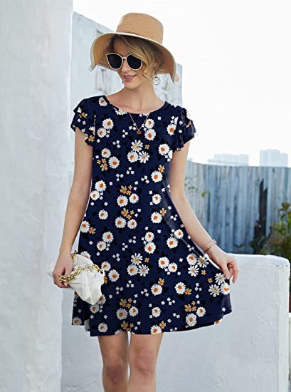 Damen Blumenkleid Sommer Rüschendetails schwingender Rock Eveloria