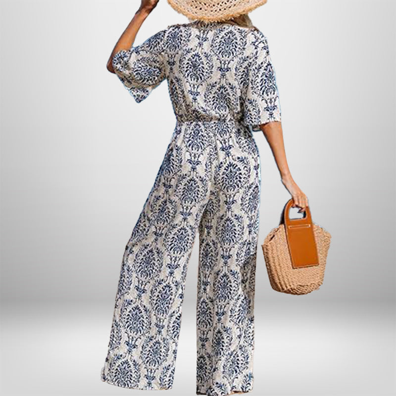 Damen Jumpsuit Weites Bein Elegant Wickeldetail Eveloria