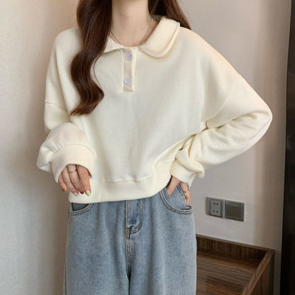 Damen Sweatshirt Kurzarm Modischer Kragen Dekorative Knöpfe