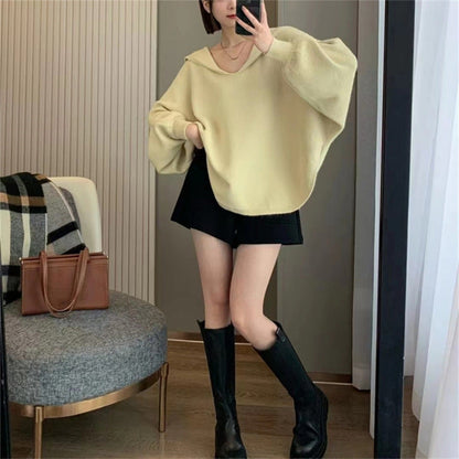 Damen Strickpullover Oversized V-Ausschnitt Kapuze Eveloria