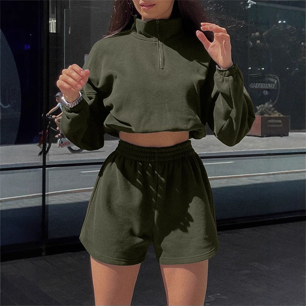 Damen Crop- Set Hochkragen Kürzere Hose Eveloria