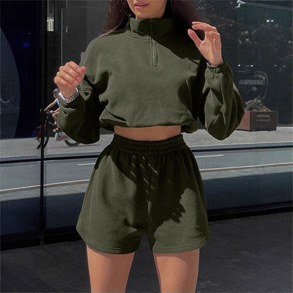 Damen Crop- Set Hochkragen Kürzere Hose Eveloria