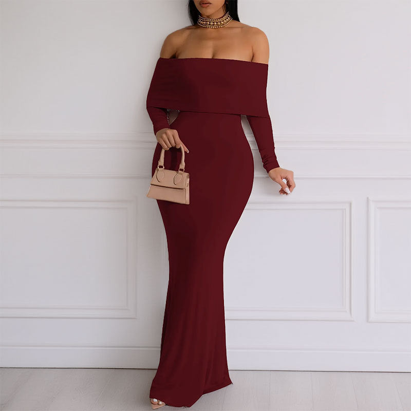 Damen Maxikleid Schulterfrei Langärmlig Eveloria