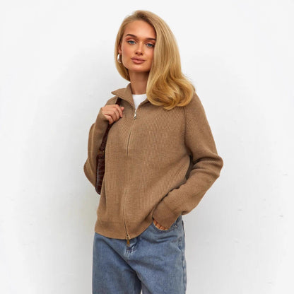 Damen Grobstrickpullover Hochkragen Reißverschluss Beige