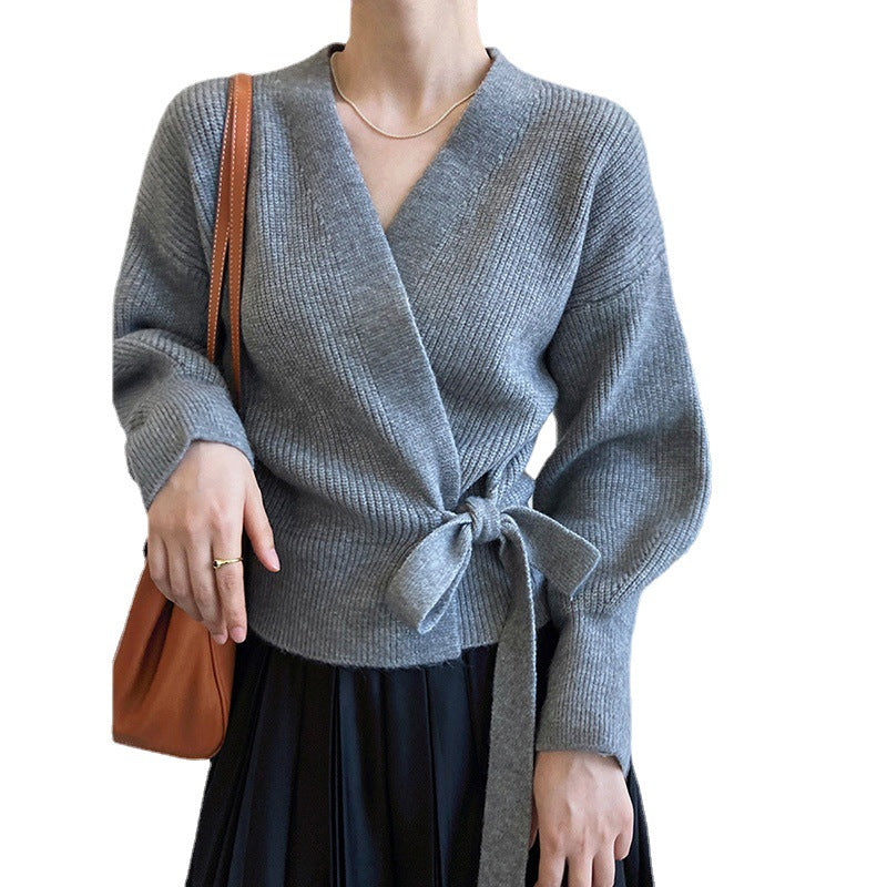 Damen Wickelstrickjacke V-Ausschnitt Gürtel Eveloria