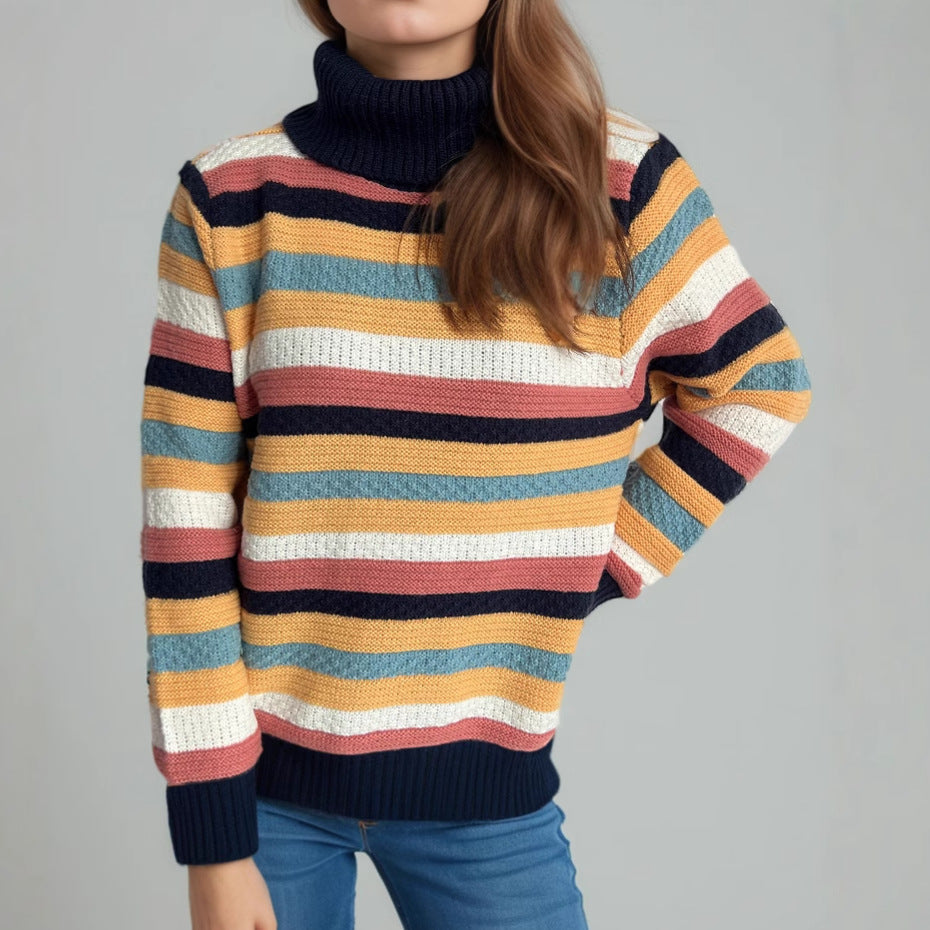 Damen Rollkragenpullover Streifen Weich Schwarz - Eveloria