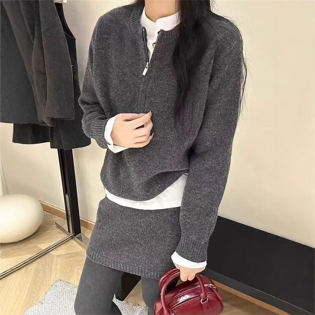 Damen Strickpullover-Kleid Hochkragen Reißverschluss Eveloria