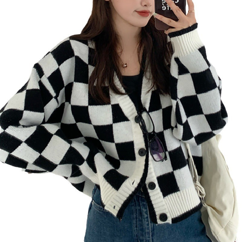 Damen Grobstrickjacke Karomuster Bequem Knöpfe Braun