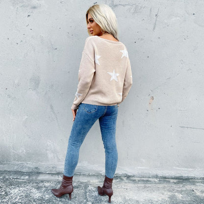 Damen Strickpullover Sternenmuster Französischer Saum Beige