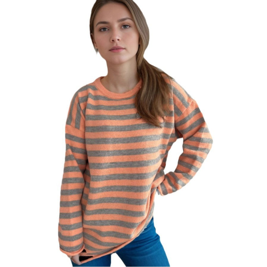 Damen Oversized-Pullover Gestrickt Lässiges Streifenmuster