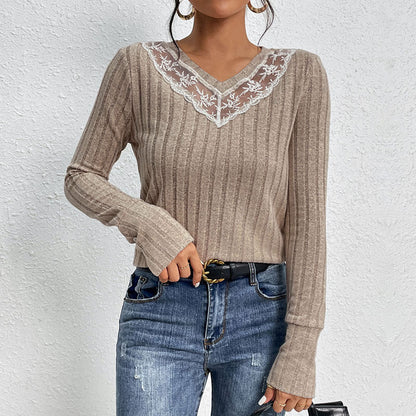 Damen Langarmshirt Spitze Gerippt Weiß