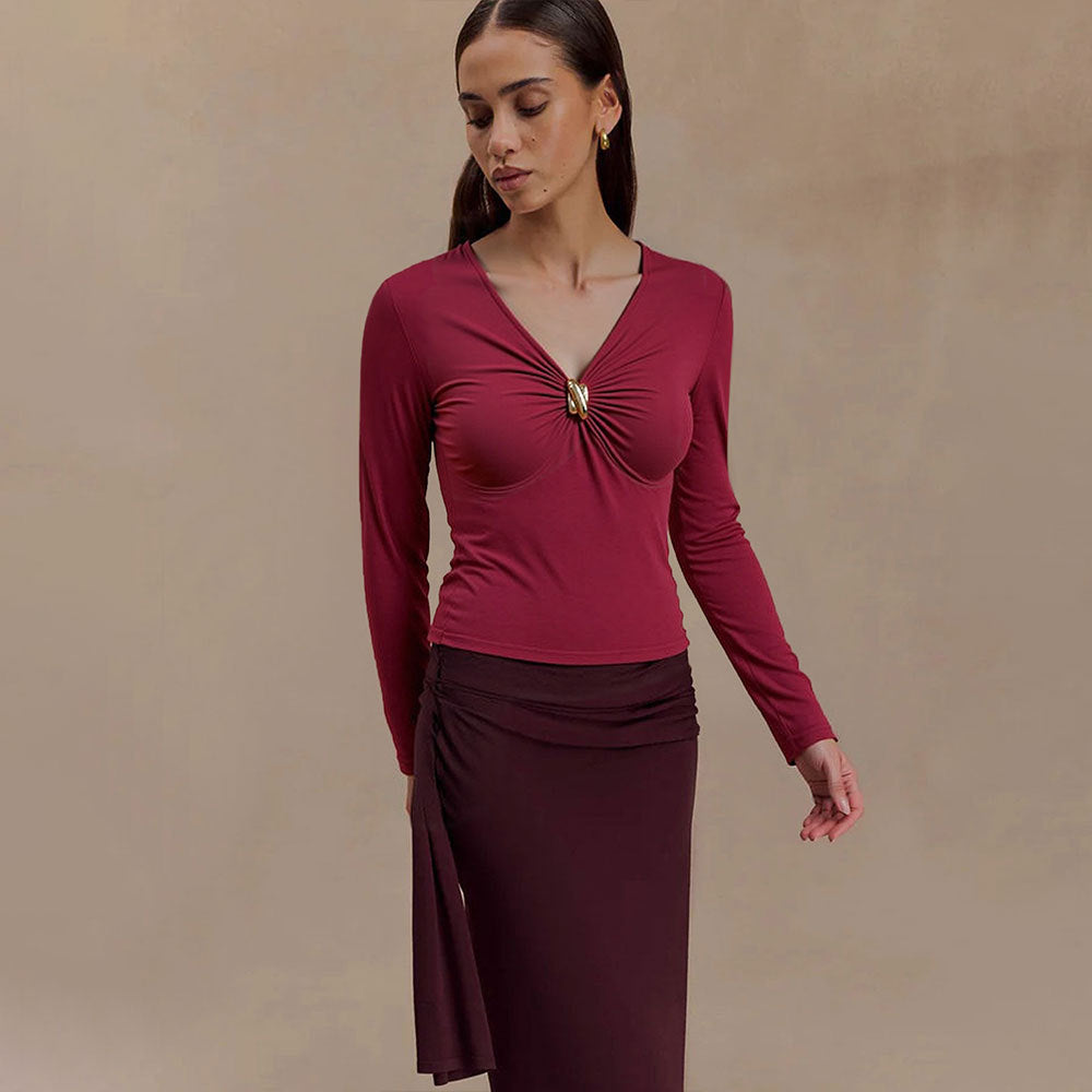Damen Oberteil mit Knotendetail V-Ausschnitt Eveloria