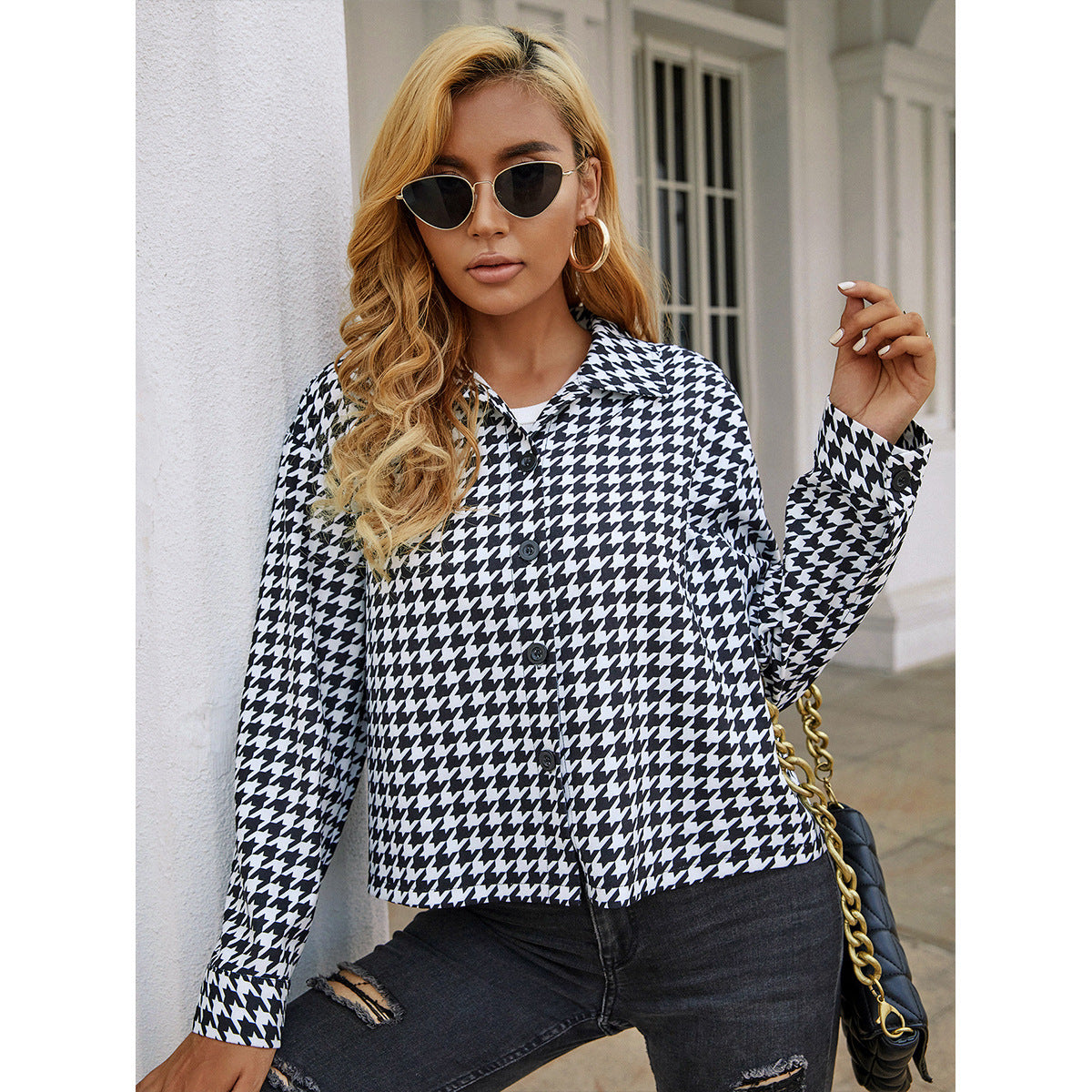 Damen Blusenshirt Hahnentrittmuster Eveloria - Eveloria