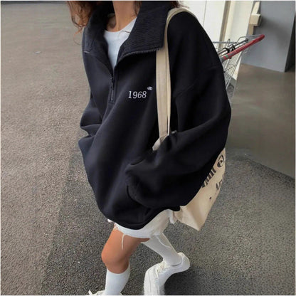 Damen Oversized Kapuzenpullover Hocher Stehkragen Praktische Taschen