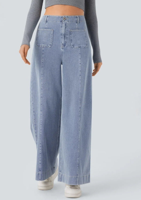 Damen Weite Jeanshose Hohe Taschen Eveloria