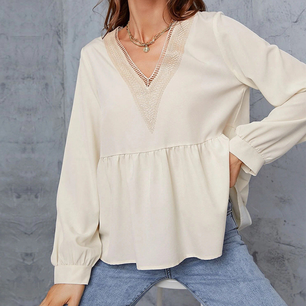 Damen Bluse Spitze Ärmel Elegant Weiß - Eveloria