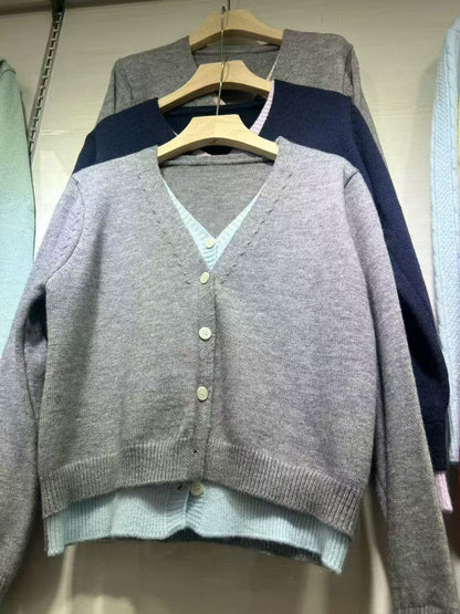 Damen Strickjacke V-Ausschnitt Kontrastbündchen Eveloria
