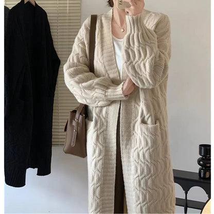 Damen Strickjacke Grobstrick V-Ausschnitt Mit Taschen Beige - Eveloria