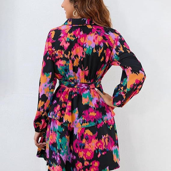 Damen Blusenkleid Floralmuster Mit Bindegürtel Eveloria