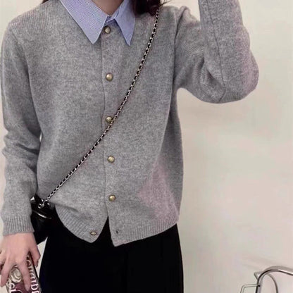 Damen Strickcardigan Feinripp mit goldenen Knöpfen Beige - Eveloria