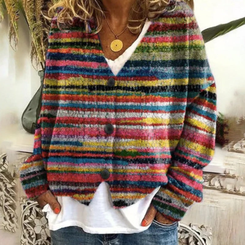 Damen Strickcardigan Bunt Streifen Knöpfe - Eveloria
