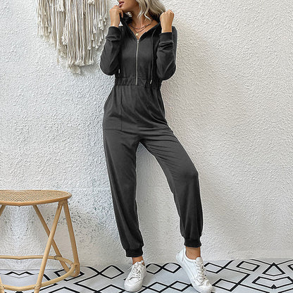 Damen Kapuzen-Overall Sweat mit Reißverschluss Elastisch