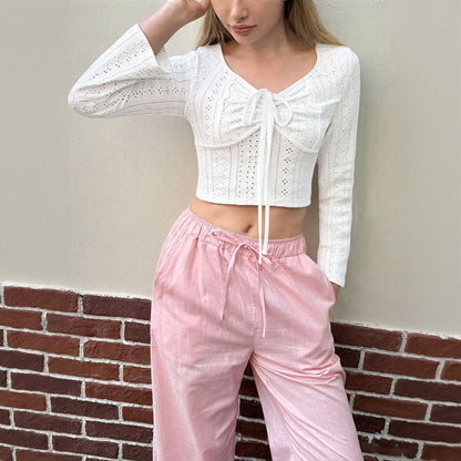 Damen Cropped Langarmshirt Feine Lochstickerei Eveloria