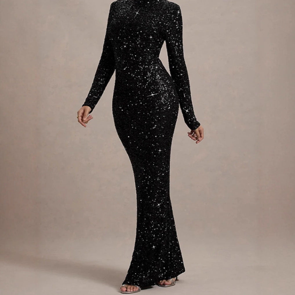 Damen Abendkleid Glitzernd Hochkragen Figurbetont Eveloria