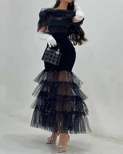 Damen Abendkleid Tüll schimmernd transparent Schulterpartie