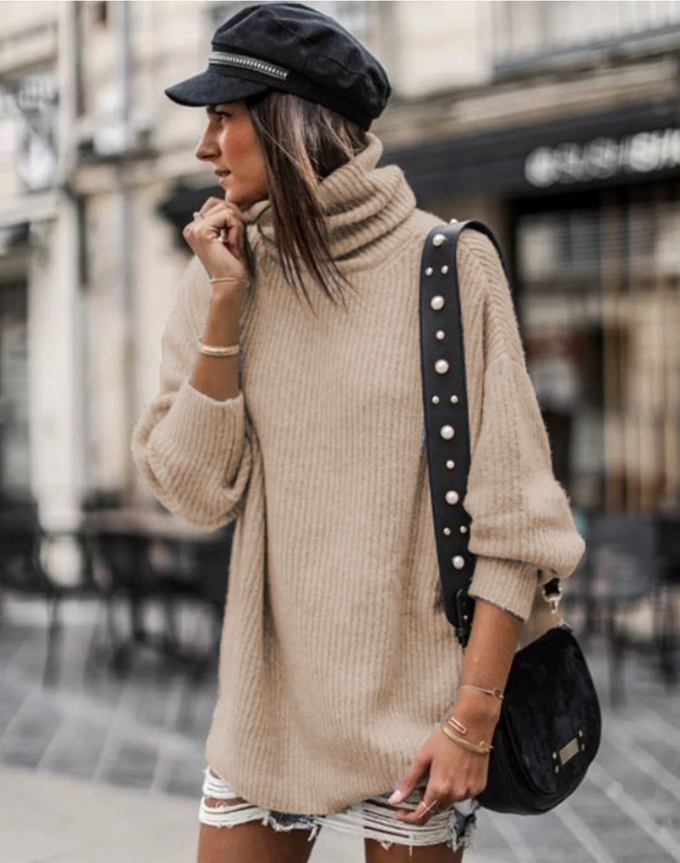 Damen Grobstrickpullover Hoher Kragen Elegante Knöpfe Beige