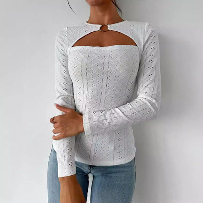 Damen Langarmshirt Baumwolle Dekorativ Cut-Out-Details Weiss