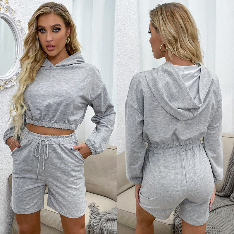 Damen Sport-Outfit Kapuzenpullover Kurzshorts Grau Eveloria