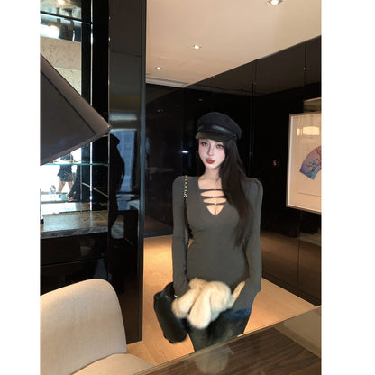 Damen Langarmshirt V-Ausschnitt Raffung Elegantes Design