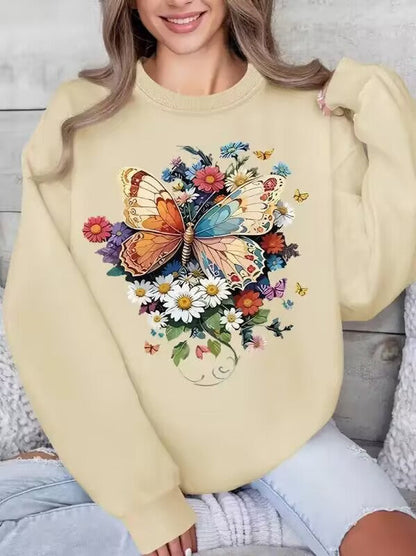 Damen Langarm Sweatshirt Floralmuster Schmetterling Druck Eveloria
