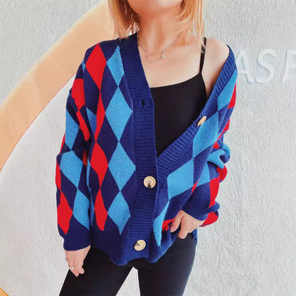 Damen Strickjacke Rautenmuster Große Knöpfe Eveloria