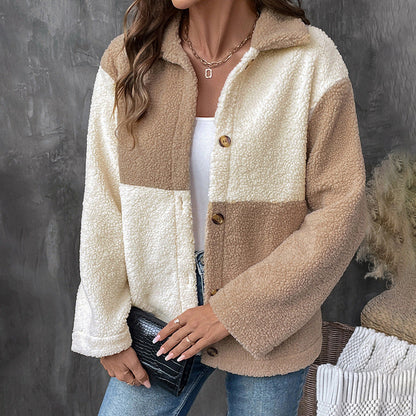 Damen Teddyjacke Nachhaltig Farbblockdetails Braun - Eveloria