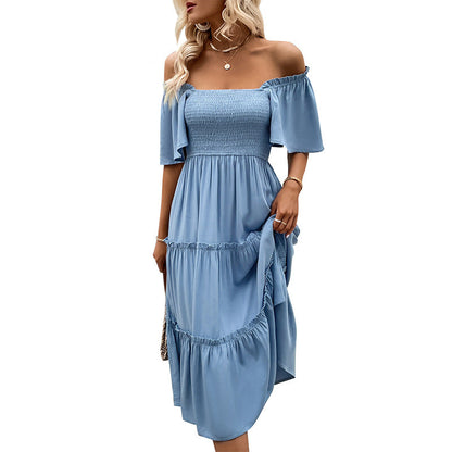 Damen Midi-Kleid Rüschen-Saum Schimmer-Obermaterial Eveloria