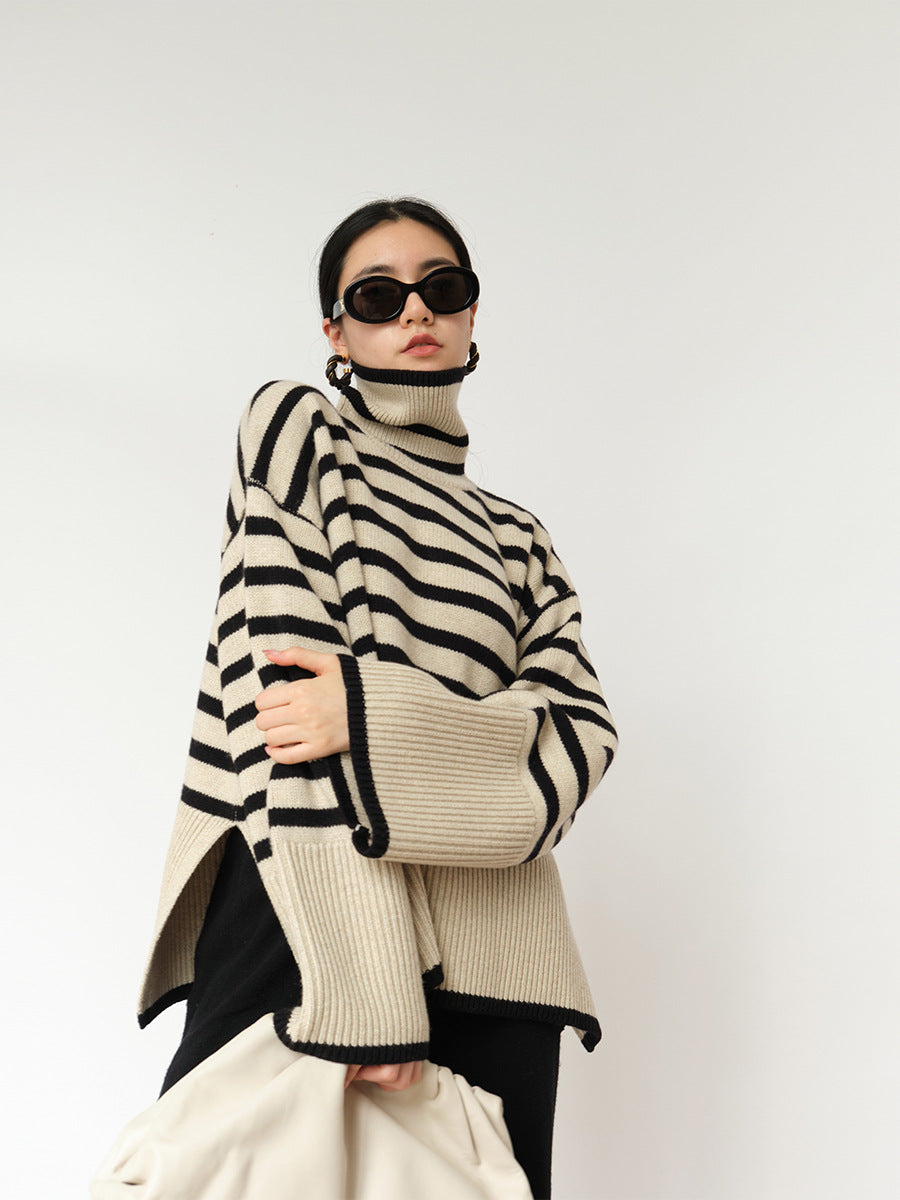 Damen Rollkragenpullover Grobgestrickt Maritimes Streifenmuster Beige