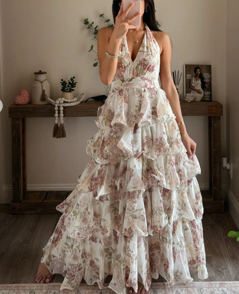 Damen Maxikleid Floraler Druck Mit Volants